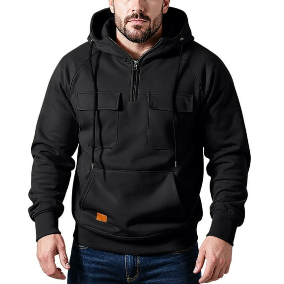 Mens Hoodies Casual Half-Zip Hoodie Sweatshirt With Drawstring Hood Front Pockets Long Sleeve Pullover Soft Cotton Blend,Size S-2XL