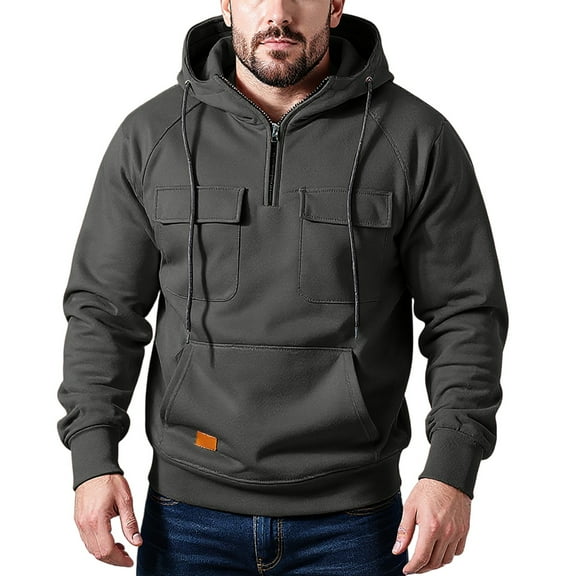 Mens Hoodies Casual Half-Zip Hoodie Sweatshirt With Drawstring Hood Front Pockets Long Sleeve Pullover Soft Cotton Blend,Size S-2XL