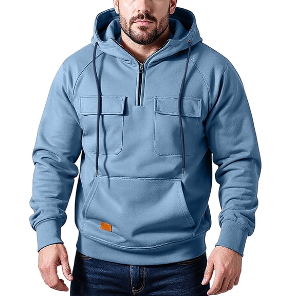 Mens Hoodies Casual Half-Zip Hoodie Sweatshirt With Drawstring Hood Front Pockets Long Sleeve Pullover Soft Cotton Blend,Size S-2XL