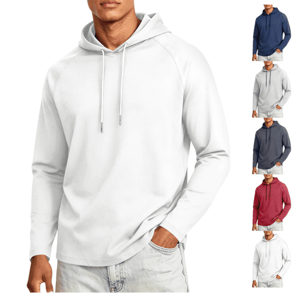 Mens Hoodies Casual Stylish Long Sleeve Drawstring Hooded Pullover Fall Lightweight Quick Dry Classic Fit Workout Training Hooded Sweatshirt White M