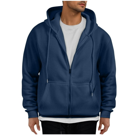 Mens Hoodies Sale Drawstring Full Zip Hooded Sweatshirt Long Sleeve Solid Color Coats with Hood for Men (Dark Blue S)