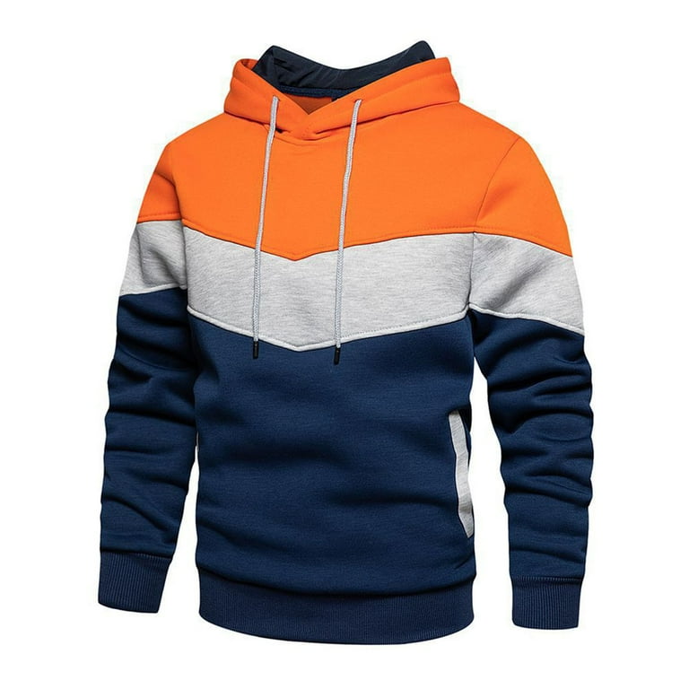 Mens Hoodies Clearance Sale Patchwork Long Sleeve Pockets Pullover Hooded Sweatshirt for Men Fall Top with Hood Orange 2XL