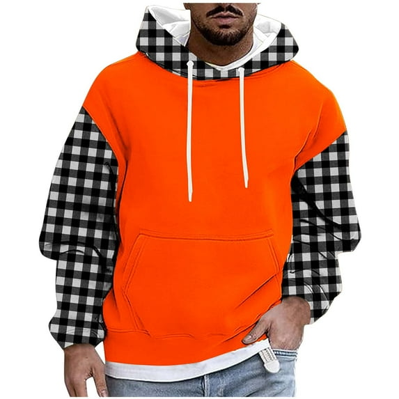 Mens Hoodies Color Block Checked Printed Sweatshirts with Pockets Fleece Lined Hooded Pullover Fall Outwears Work Wear Sweaters Loose Hoody Long Sleeve Tops Sportswear M-4XL