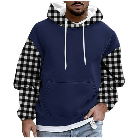 Mens Hoodies Color Block Checked Printed Sweatshirts with Pockets Fleece Lined Hooded Pullover Fall Outwears Work Wear Sweaters Loose Hoody Long Sleeve Tops Sportswear M-4XL