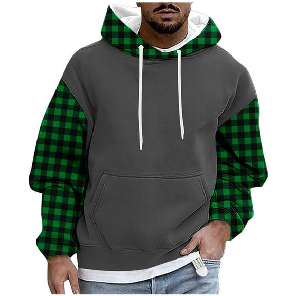 Mens Hoodies Color Block Checked Printed Sweatshirts with Pockets Fleece Lined Hooded Pullover Fall Outwears Work Wear Sweaters Loose Hoody Long Sleeve Tops Sportswear M-4XL