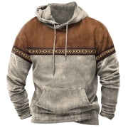 Mens Hoodies Colour Block Vintage Ethnic Style Printed Pullover Hooded Sweatshirts with Pockets Fall Sweatshirts Work Wear Sweaters Hoody Long Sleeve Tops Hoodie for Men