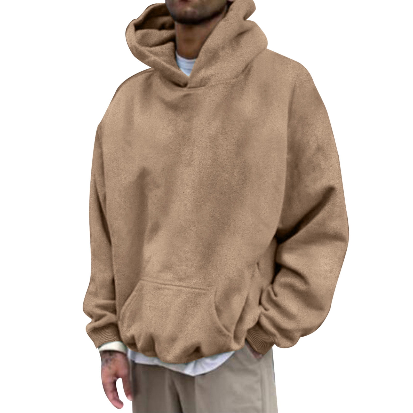 Mens Hoodies Fall Winter Suede Pullover Solid Color Long Sleeve