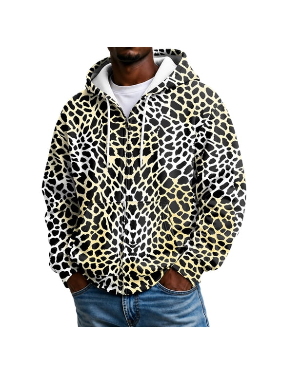 Mens Hoodies Full Leopard Print Zip Up Sweatshirt Hooded Pullover Tops Fall Winter Jackets Beige3 Size M