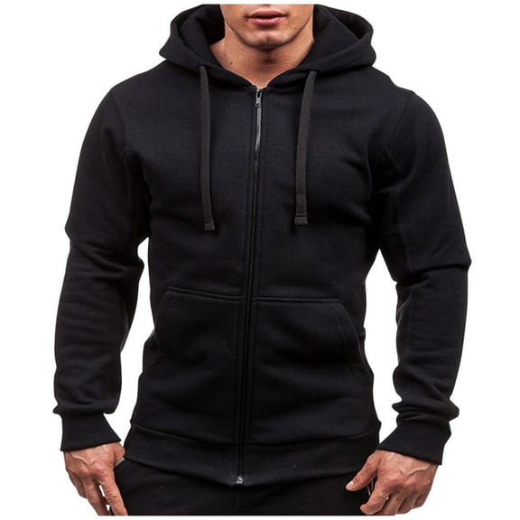 Mens Hoodies Full Zip Solid Casual Fashion Loose Hooded Sweatshirts Comfortable Soft Long Sleeve Y2K Outfits Spring Fall Pullover Tops Black XL