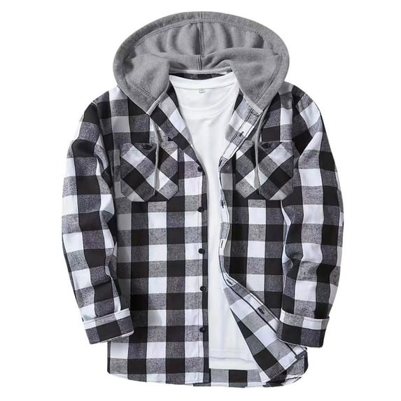 Mens Hoodies Jackets For Men Flannel Hoodie Shirts Long Sleeve Casual Vintage Button Down Plaid Shirt Jacket with Pocket
