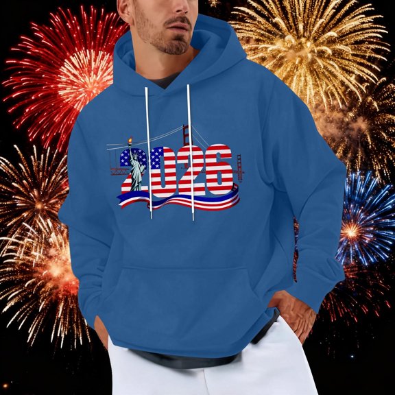 Mens Hoodies Long Sleeve Drawstring 2026 Print Happy-New-Year Pullover Tops Loose Stylish Sweatshirts With Pocket (L, Blue-C)