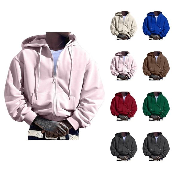 Mens Hoodies Pullover 2025 Fall Winter Long Sleeve Classic Plain Zip Up Hoodie with Pockets Hooded Sweatshirt