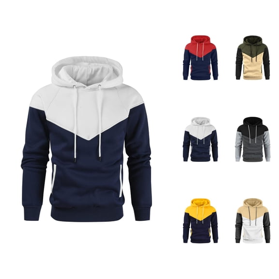 Mens Hoodies Pullover 2025 Fall Winter Long Sleeve Color Block Lined Hoodie with Pockets Hooded Sweatshirt