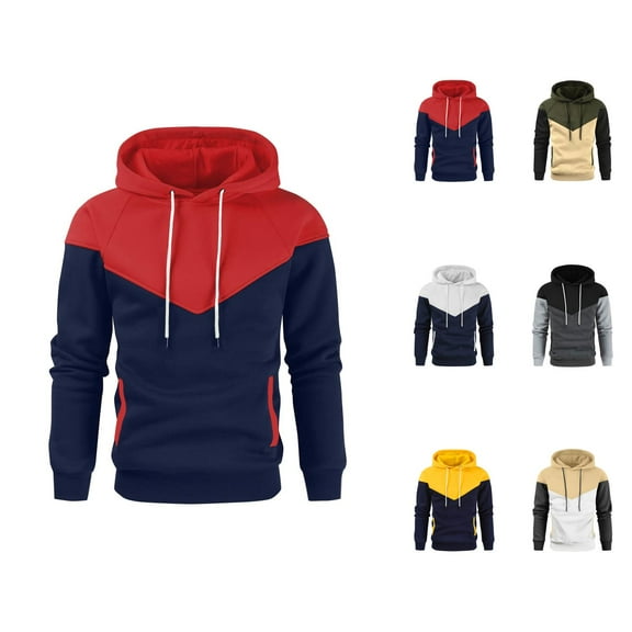 Mens Hoodies Pullover 2025 Fall Winter Long Sleeve Color Block Lined Hoodie with Pockets Hooded Sweatshirt
