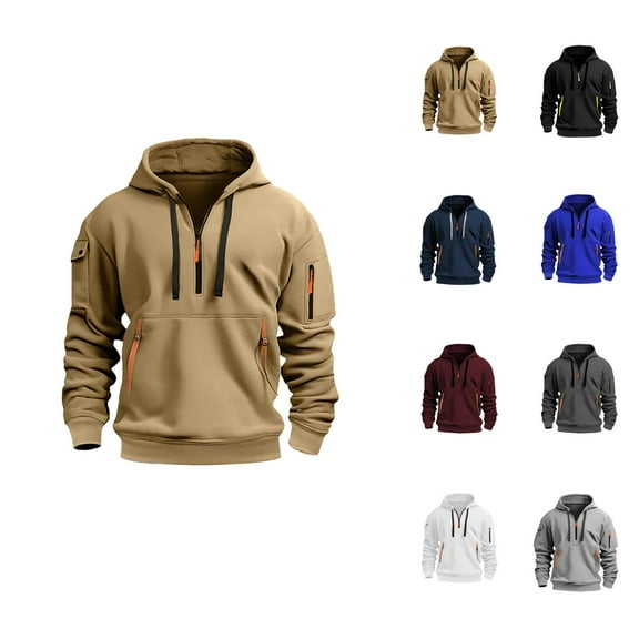 Mens Hoodies Pullover 2025 Fall Winter Long Sleeve Half Zipper Plain Hoodie with Pockets Hooded Sweatshirt