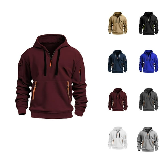Mens Hoodies Pullover 2025 Fall Winter Long Sleeve Half Zipper Plain Hoodie with Pockets Hooded Sweatshirt