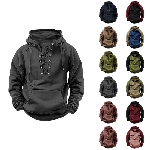 Mens Hoodies Pullover 2025 Fall Winter Long Sleeve Lace Up Plain Hoodie with Pockets Hooded Sweatshirt Tops