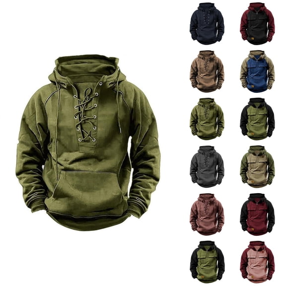 Mens Hoodies Pullover 2025 Fall Winter Long Sleeve Lace Up Plain Hoodie with Pockets Hooded Sweatshirt Tops