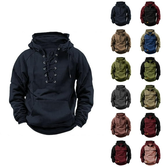 Mens Hoodies Pullover 2025 Fall Winter Long Sleeve Lace Up Plain Hoodie with Pockets Hooded Sweatshirt Tops