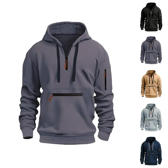 Mens Hoodies Pullover 2025 Fall Winter Long Sleeve Quarter Zipper Plain Hoodie with Pockets Hooded Sweatshirt