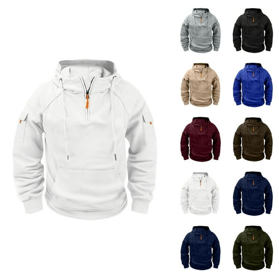 Mens Hoodies Pullover 2025 Fall Winter Long Sleeve Quarter Zipper Plain Tactical Hoodie with Pockets Hooded Sweatshirt