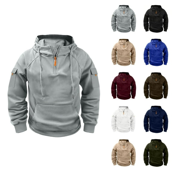 Mens Hoodies Pullover 2025 Fall Winter Long Sleeve Quarter Zipper Plain Tactical Hoodie with Pockets Hooded Sweatshirt