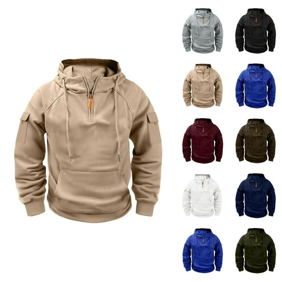 Mens Hoodies Pullover 2025 Fall Winter Long Sleeve Quarter Zipper Plain Tactical Hoodie with Pockets Hooded Sweatshirt