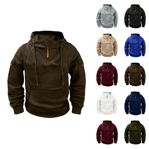 Mens Hoodies Pullover 2025 Fall Winter Long Sleeve Quarter Zipper Plain Tactical Hoodie with Pockets Hooded Sweatshirt