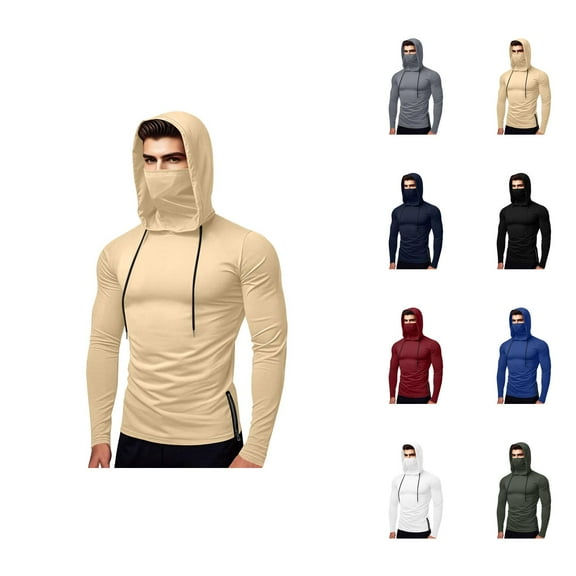 Mens Hoodies Pullover 2025 Fall Winter Long Sleeve Slim Fit Side Slit Plain Hoodie with Mask Hooded Sweatshirt