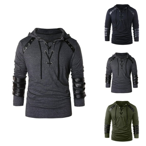 Mens Hoodies Pullover 2025 Long Sleeve Leather Patchwork Lace Up Drawstring Hoodie Hooded Sweatshirt