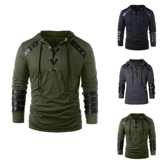 Mens Hoodies Pullover 2025 Long Sleeve Leather Patchwork Lace Up Drawstring Hoodie Hooded Sweatshirt