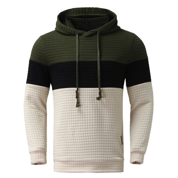 Mens Hoodies Pullover Autumn Winter Color Matching Plaid Colorful Slim Sweater Fall Clothes Tops Hooded Sweatshirts Green M