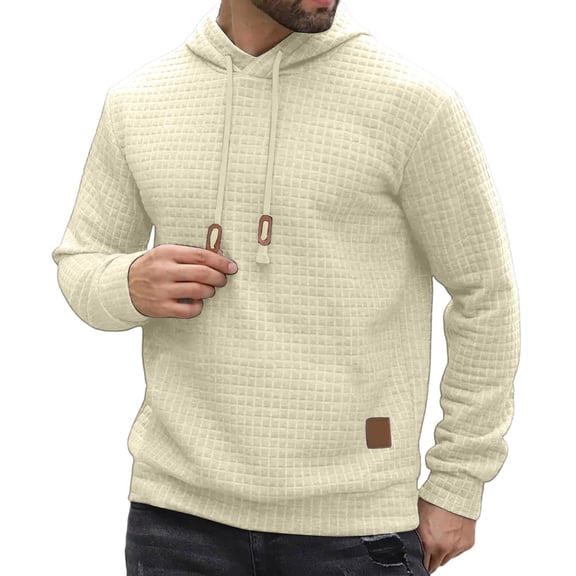 Mens Hoodies Pullover Casaul Long Sleeve Drawstring Waffle Knit Solid Hooded Sweatshirt Khaki XL