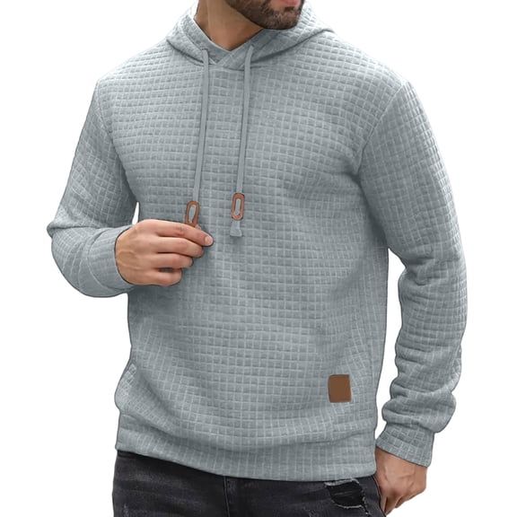 Mens Hoodies Pullover Casaul Long Sleeve Drawstring Waffle Knit Solid Hooded Sweatshirt Light Gray XL