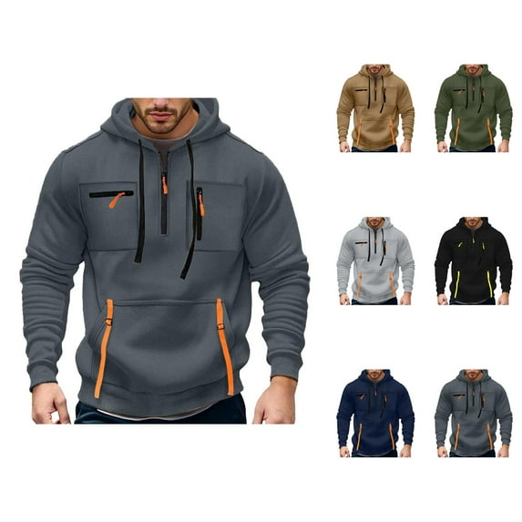 Mens Hoodies Pullover Fall Winter Long Sleeve Quarter Zipper Tactical Hoodie with Multiple Pockets Hooded Sweatshirt
