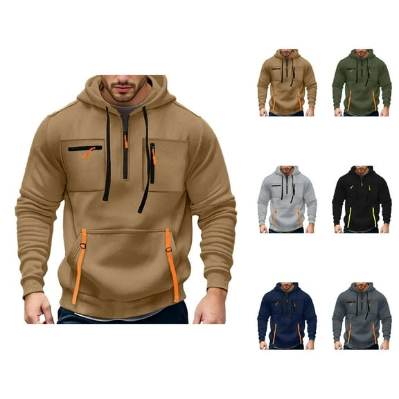 Mens Hoodies Pullover Fall Winter Long Sleeve Quarter Zipper Tactical Hoodie with Multiple Pockets Hooded Sweatshirt