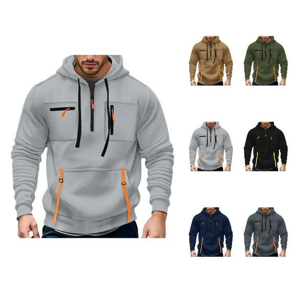 Mens Hoodies Pullover Fall Winter Long Sleeve Quarter Zipper Tactical Hoodie with Multiple Pockets Hooded Sweatshirt