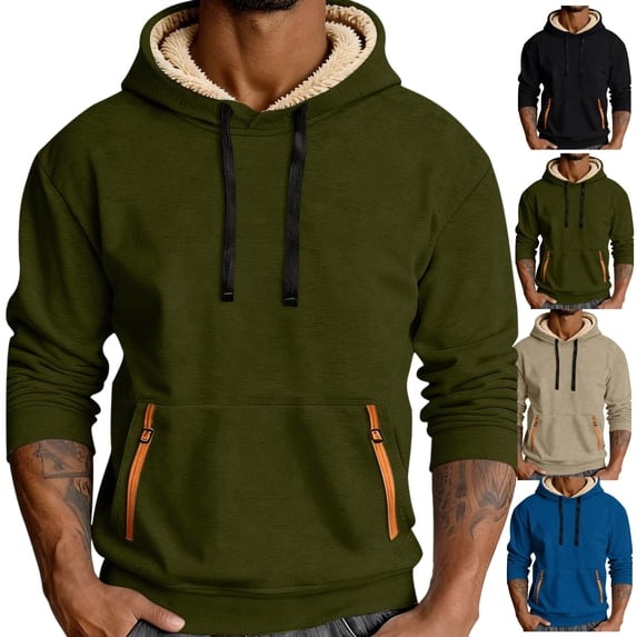 Mens Hoodies Pullover Fleece Lined Winter Warm Thick Athletic Sweatshirts with Kangaroo Pocket Loose Fitted Drawstring Long Sleeve Casual Hoodies Thick Sherpa Windproof Sweatshirt
