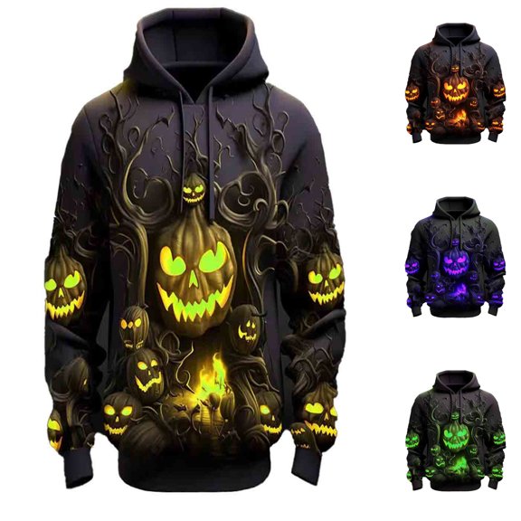 Mens Hoodies Pullover Halloween Full Print Hooded Sweatshirt Long Sleeve Streetwear Casual Relaxed Fit Y2K Hoodie