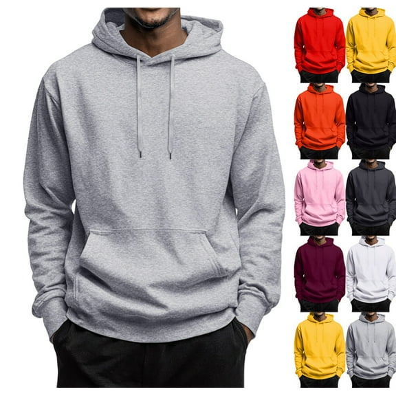 Mens Hoodies Pullover Long Sleeve Casual Fleece Sweatshirts Winter Solid Color Hooded Tops with Kangaroo Pocket,Gray M