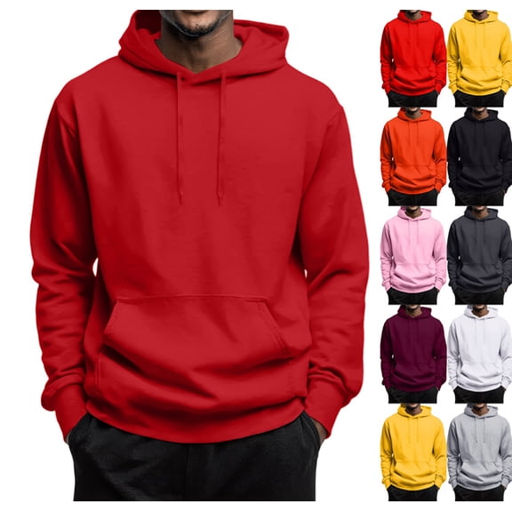 Mens Hoodies Pullover Long Sleeve Casual Fleece Sweatshirts Winter Solid Color Hooded Tops with Kangaroo Pocket,Red XXL