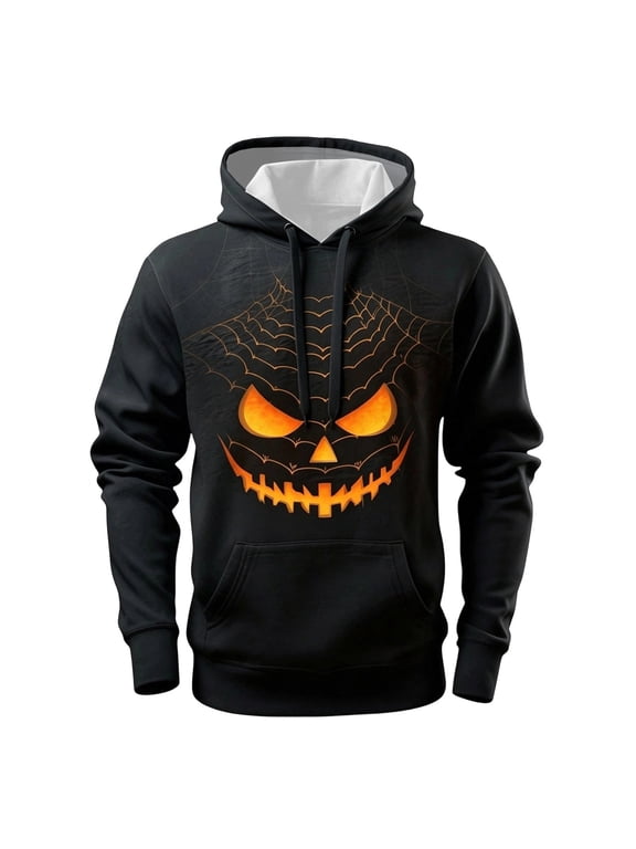 Mens Hoodies Pullover Men Fashion Halloween Skeleton Pullover Hooded Sweatshirt Long Sleeve Casual Streetwear Jacket with Pocket for Autumn Winter Orange XXL