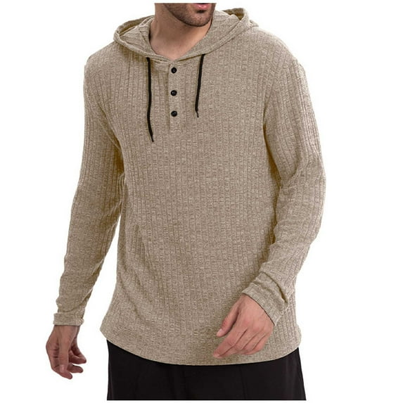 Mens Hoodies Pullover Oversized Cotton Fashion Waffle Knit Long Sleeve Lightweight Hooded Sweatshirt for Men (Khaki XL)