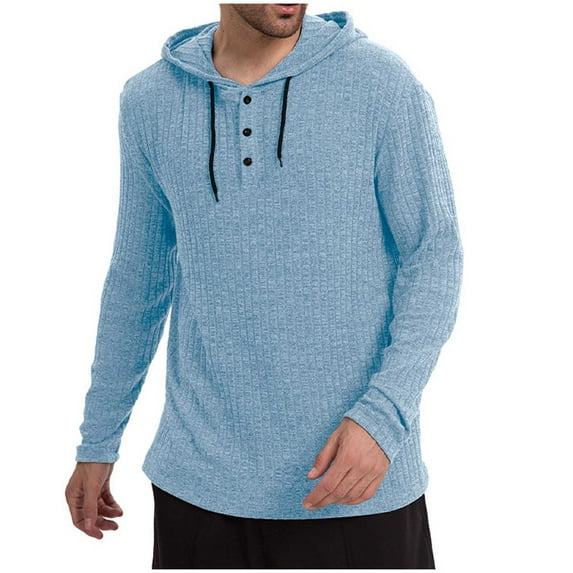 Mens Hoodies Pullover Oversized Cotton Fashion Waffle Knit Long Sleeve Lightweight Hooded Sweatshirt for Men (Sky Blue L)