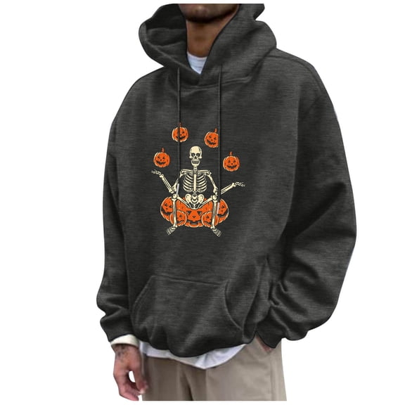 Mens Hoodies Pullover Pumpkin Hoodie Long Sleeve Casual Sweatshirt Fall Season Comfort Fit Mens Crewneck Sweatshirts Dark Gray XXL