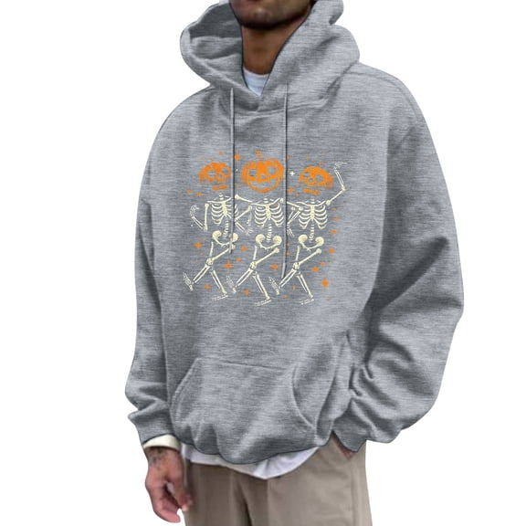 Mens Hoodies Pullover Pumpkin Skull Hoodie Hooded Sweatshirt Halloween Partial Casual Pullover Top Men's Sweatshirts Grey M
