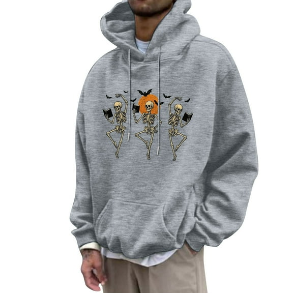 Mens Hoodies Pullover Pumpkin Skull Hoodie Sweatshirt Halloween Partial Casual Pullover Top Crew Neck Sweatshirt Mens Grey XXXL