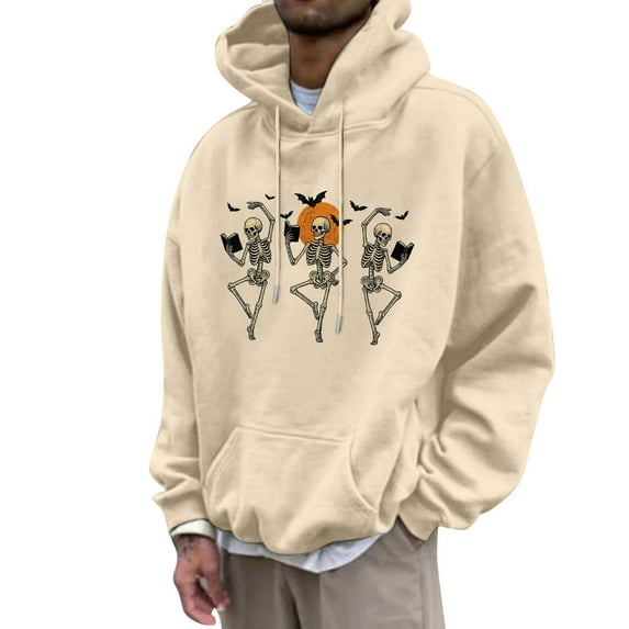 Mens Hoodies Pullover Pumpkin Skull Hoodie Sweatshirt Halloween Partial Casual Pullover Top Crewneck Sweatshirt Men Beige L