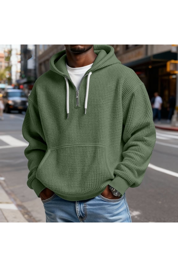 Mens Hoodies Pullover Quarter Zip Casual Long Sleeve Drawstring Waffle Knit Hooded Sweatshirt Army Green 2XL
