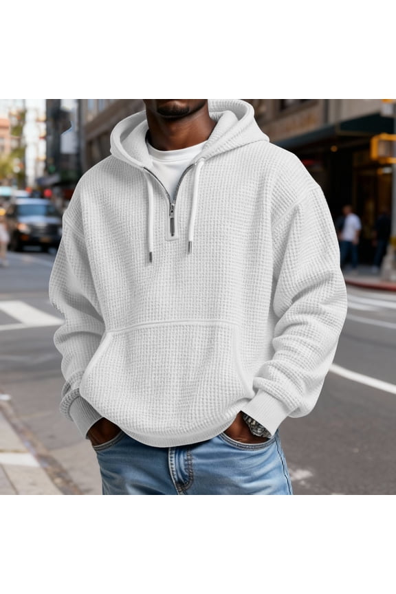 Mens Hoodies Pullover Quarter Zip Casual Long Sleeve Drawstring Waffle Knit Hooded Sweatshirt Light Gray 3XL